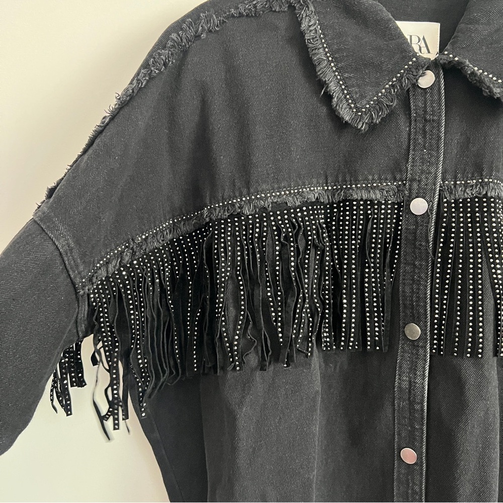 Zara Rhinestone Fringe Studded Jean Jacket Black Women’s Size XS - Picture 5 of 8